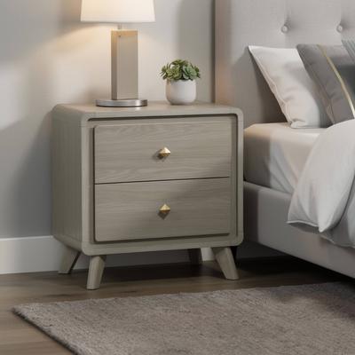 Benjara Nightstand, 2 Drawers, Rounded Edges, Gold Knobs, Rustic Gray Wood