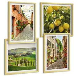 BILDER SET 4er Set - 50x50 cm & 40x60 cm Goldrahmen - Bezaubernde Straßen voller Zitronenblüten