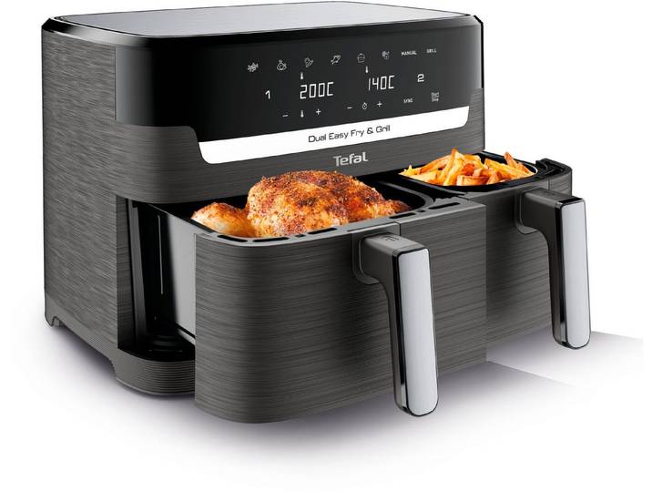 Tefal Heißluftfritteuse Dual Easy Fry & Grill EY905B, knusprig und gesünder kochen, 8 voreingestellte Programme, 2700 W, Doppelkammer, inkl. Grillplatten