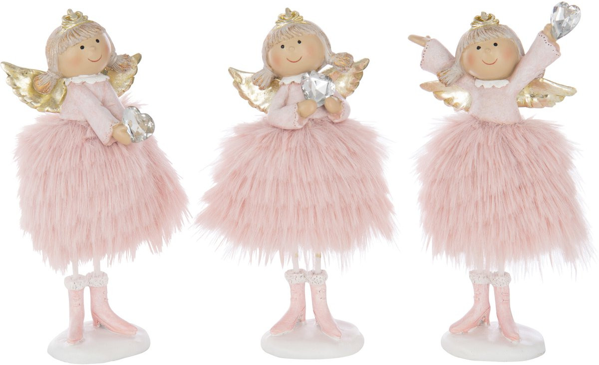 J-Line Engel Hart decoratiebeeldjes - Polyresin - Roze - Large - 3 stuks