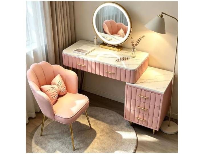 Preferspace LED-Schminktisch mit drehbarem Spiegel 3 dimmbare Modi, kühl/natürlich/warm, 5 Schubladen, abnehmbarer Seitenschrank, goldener Sockel(Pink,100cm/39.4in)