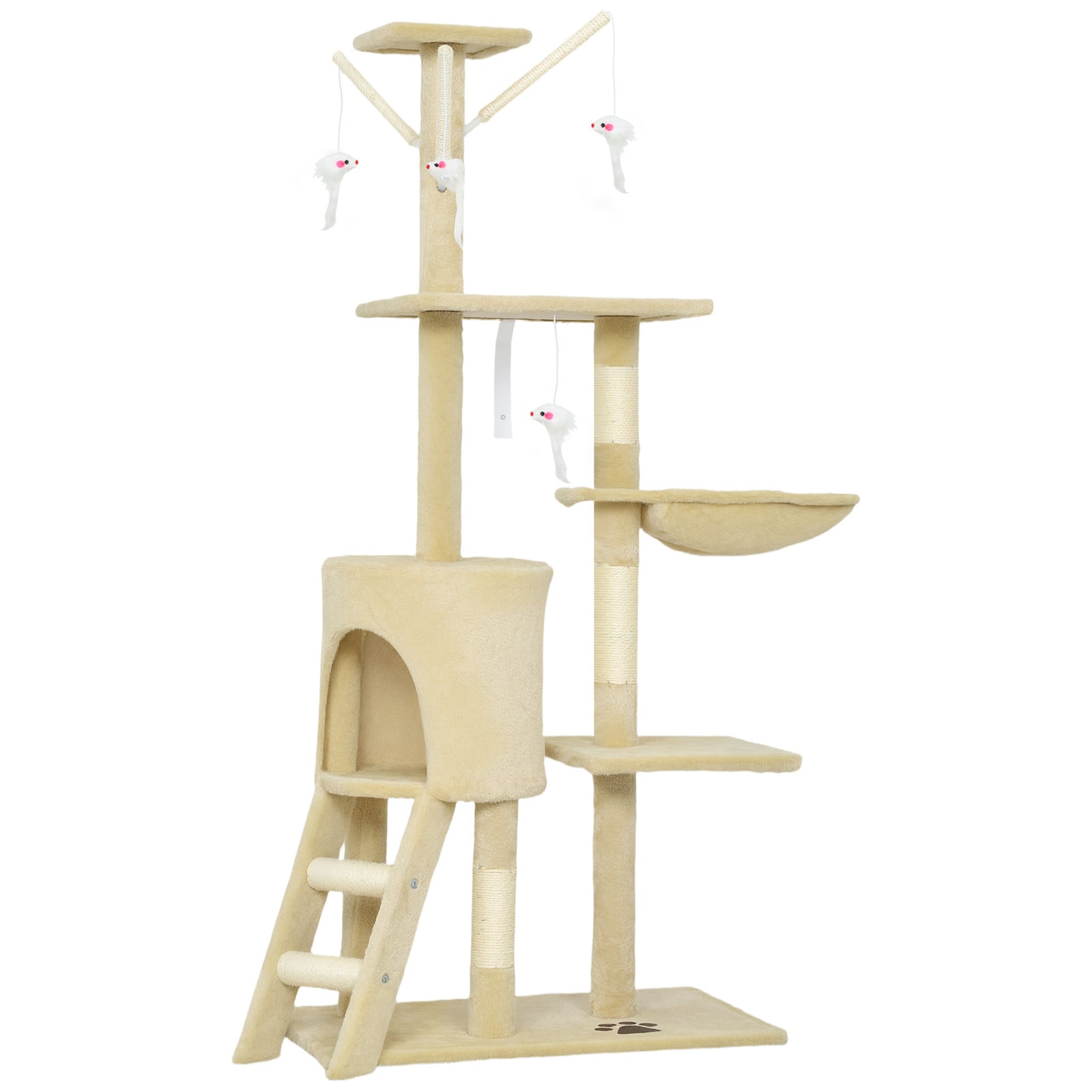 PawHut krabpaal voor katten met hol, 4 speeltjes en sisalstammen, Beige