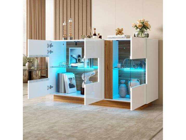 MEUBLIV Buffet bas moderne 3 portes acryliques LED dimmable 120x38x80 cm blanc et naturel