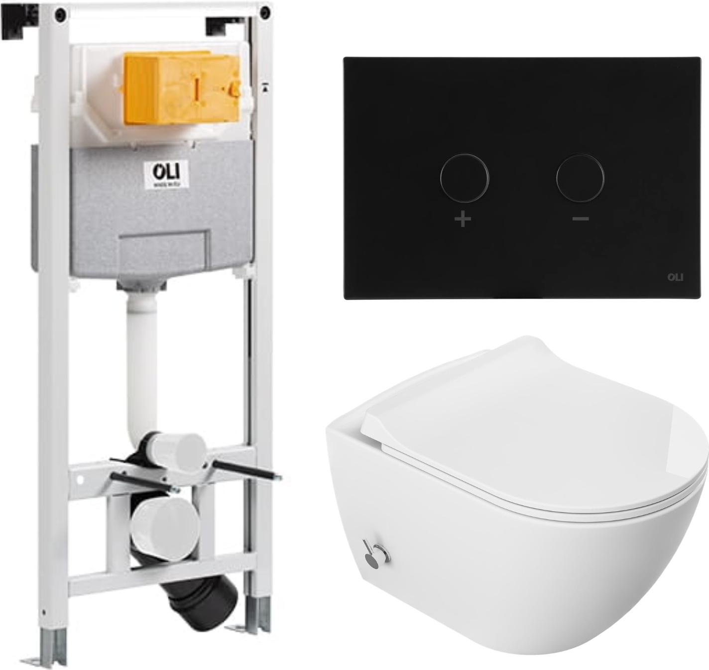 Domotechnika | Hänge Wc Set Viba - Vorwandelement - Unterputzspülkasten - Spülrandlos - Weiß - Integrierter Bidet - Easy Clean Oberfläche - schwarzer Knopf