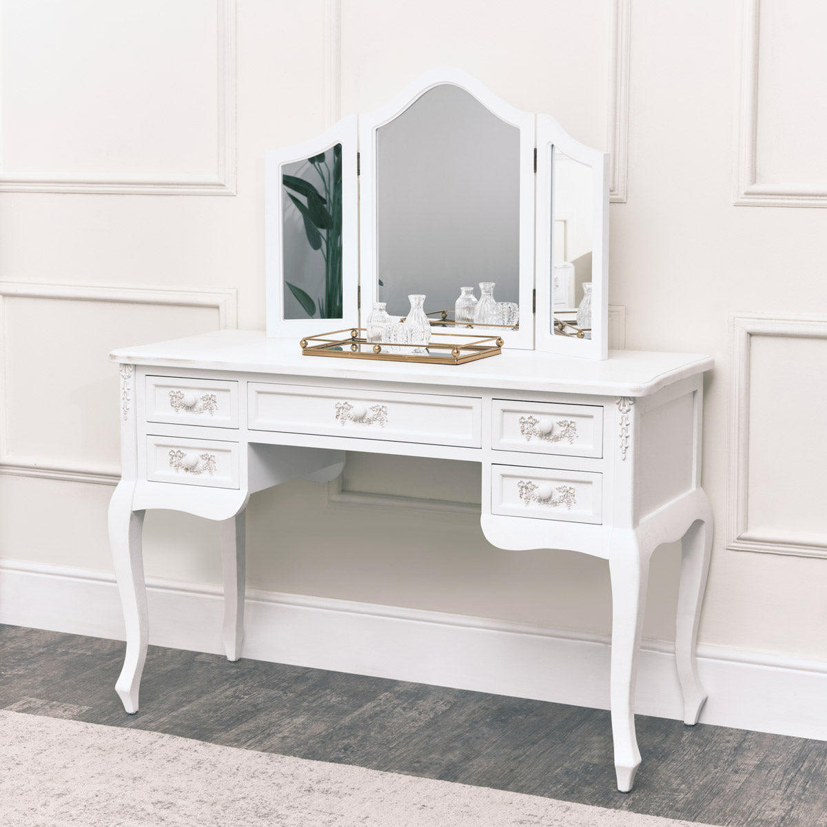 Antique White Dressing Table Desk with Triple Mirror - Pays Blanc Range Wood
