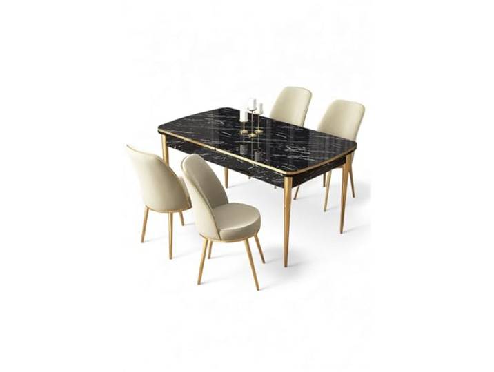 Modern Extendable Dining Table & Chairs Set (5 Pieces) - Black Marble & Gold, 100% MDF, Metal Legs, Elegant Design for Home & Dining Room