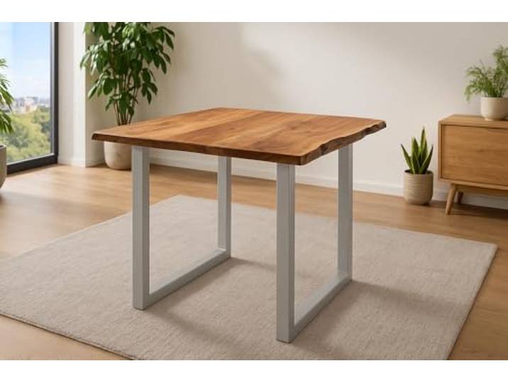 SAM Esstisch Laurina 90x90 cm Akazie Nougat Baumkante U-Gestell Silber Baumkantentisch massiv, Akazienholz nougatfarben, Metallgestell, Esszimmertisch