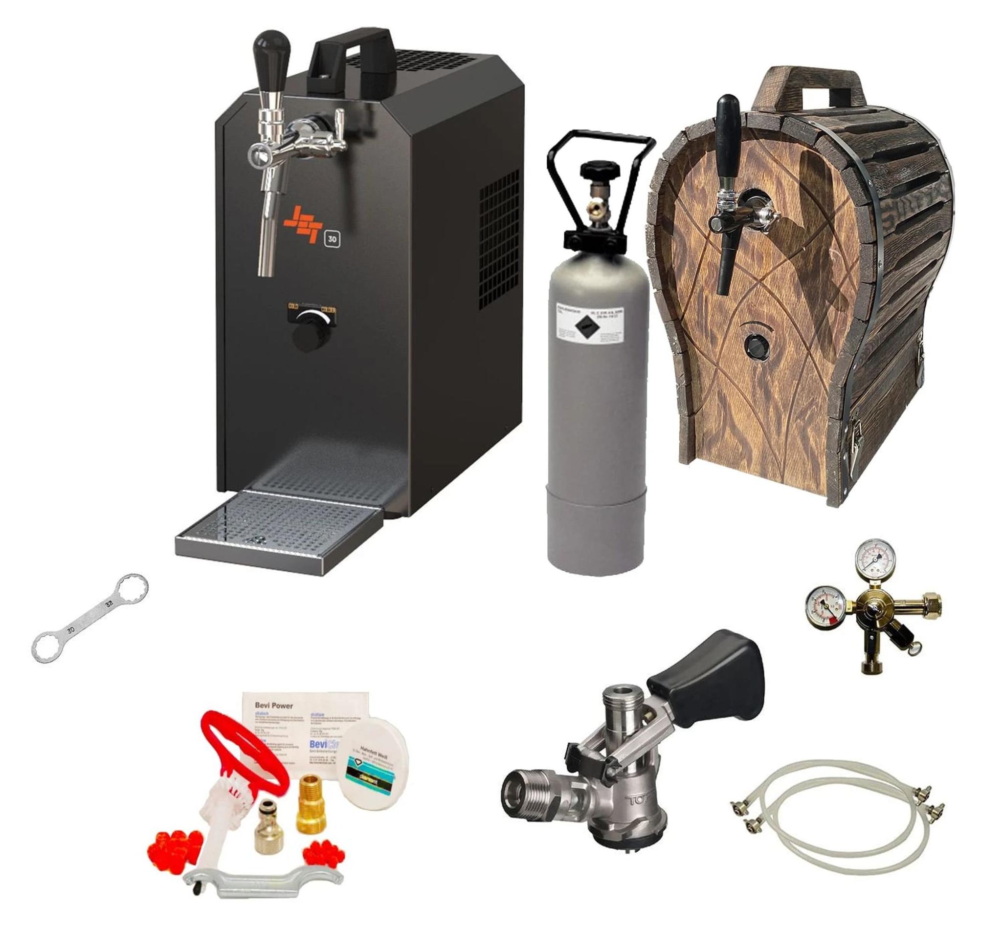 Zapfanlage JET 30 Bierkoffer Komplett-Set mit Holzfass und Reinigungsset