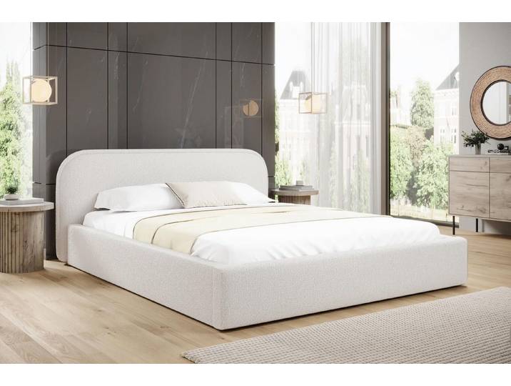 Compleo Polsterbett Bequemes Bett, Designerbett, Minimalistisches Design, Bouclé Stoff, Elegantes Schlafzimmer