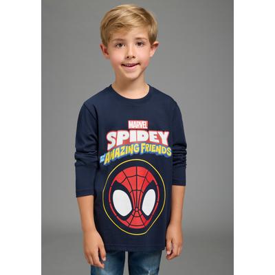 Langarmshirt KIDSWORLD "SPIDEY Shirt, Disney", Jungen, Gr. 140/146, blau (marine), Single Jersey, Obermaterial: 100% Baumwolle, bedruckt, Basic normal, Rundhals, Shirts Langarmshirt, Disney-Shirt, Basic-Passform, Langarm, mit modischem Druck