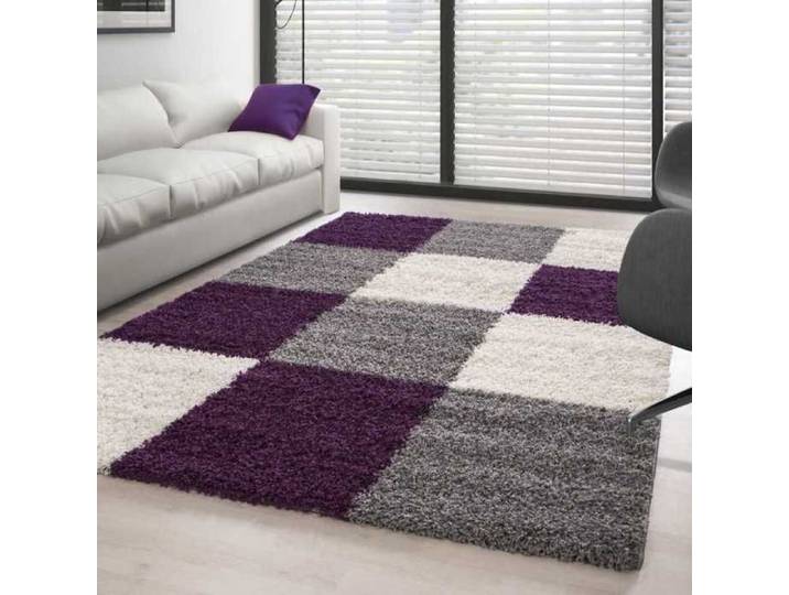 TapisTrend Tapis Shaggy Violett-Blanc-Gris 200 x 290 cm pile longue designe à carreaux