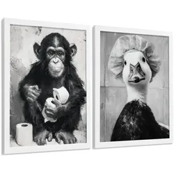 POSTER 2er-Set lustige Tiermotive in Schwarz-Weiß fürs Badezimmer, witzige für Toilette, Bad und Waschbecken, minimalistischer Stil Weißer Rahmen A3