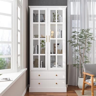 Timechee "Glass Cabinet 70.1""White Display Curio Storage Cabinet with Glass Door"