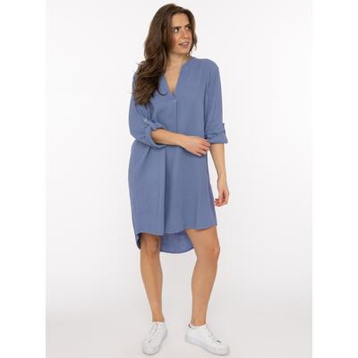 Schlupfbluse ZWILLINGSHERZ "Rom", Damen, blau (jeansblau), Web, Obermaterial: 100% Baumwolle, unifarben, ca. Mitte Oberschenkel, tiefer V-Ausschnitt, Krempelärmel 1-Knopf-Manschette, Blusen Schlupfbluse, verlängerte Rückenpartie, V-Neck, Turn-Up...