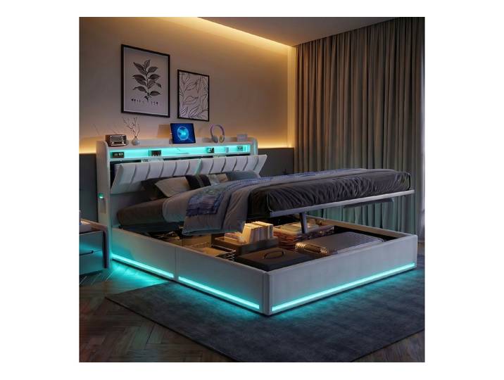 PXloue Polsterbett LED Doppelbett, Bettkasten, Ladefunktion, Samt, 160x200 cm