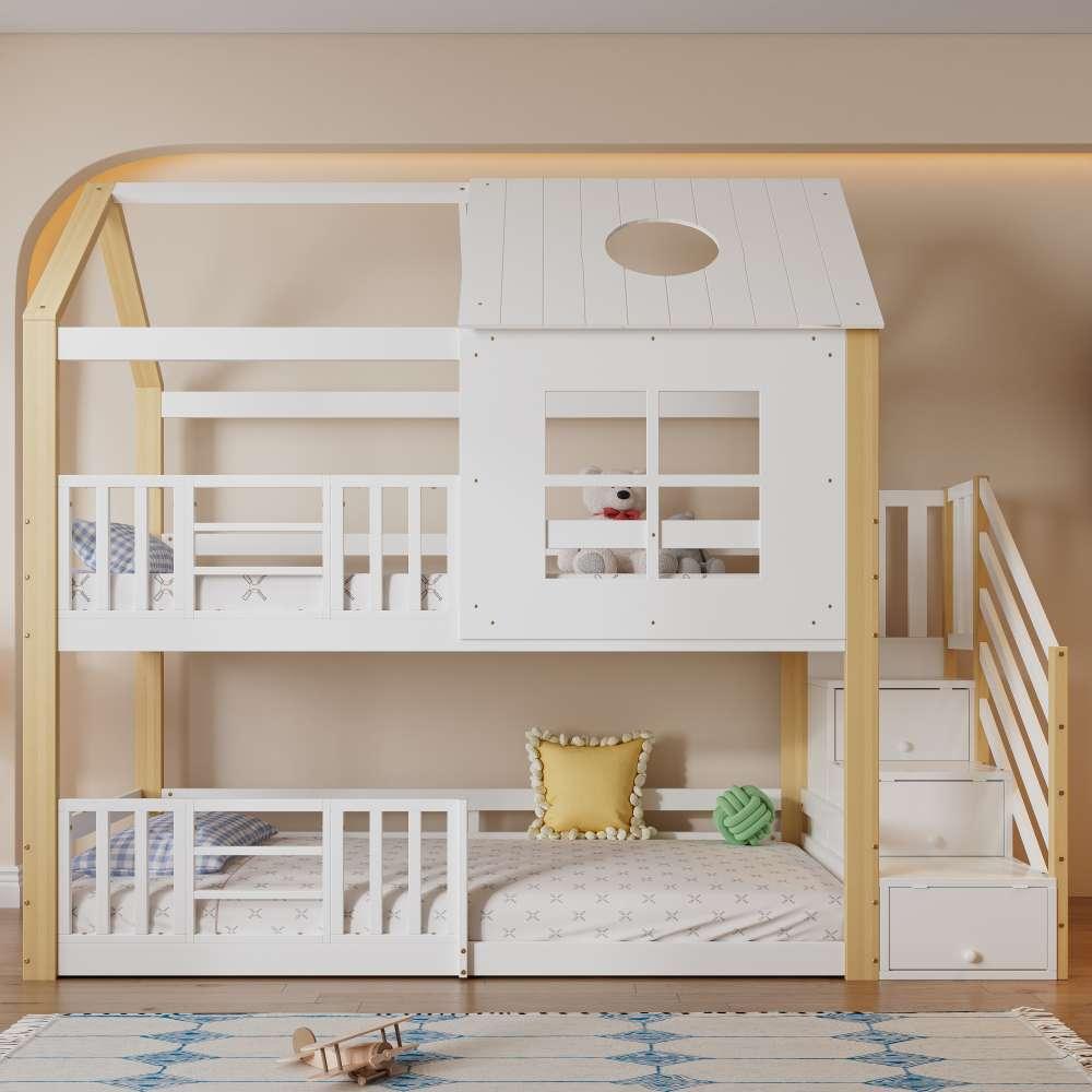 Haus-Etagenbett für Kinder mit Stauraumtreppe und Rausfallschutz, Fenster und Dach, in Kiefer und MDF, Weiß/Natur, 90x200cm