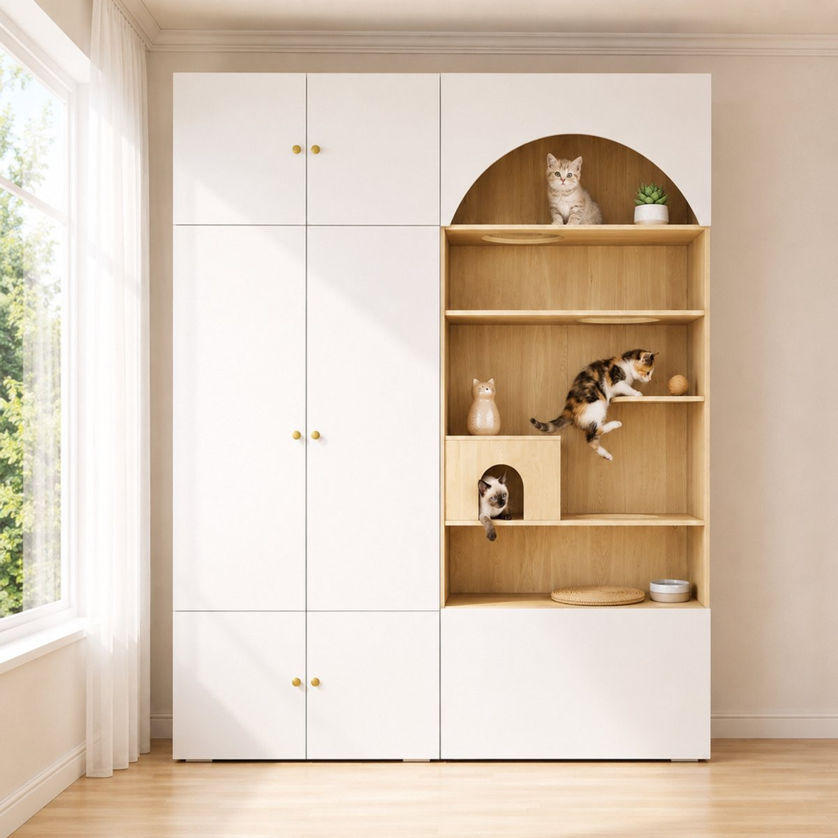 Pugsdrly Kledingkast met klimwand voor katten, wit + houtlook, B: 180 cm, D: 50 cm, H: 200 cm