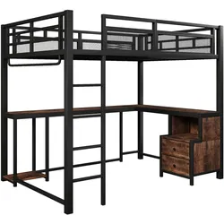 STILVORA Metall-Hochbett aus Holz und Metall, Schwarz, 140x200 cm, mit LED und USB