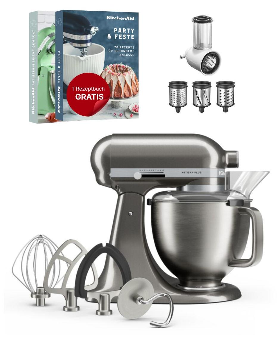 KitchenAid 4,7 L 5KSM50 Artisan Plus Küchenmaschine Beginnerset mit Gemüseschneider Medaillon Silber