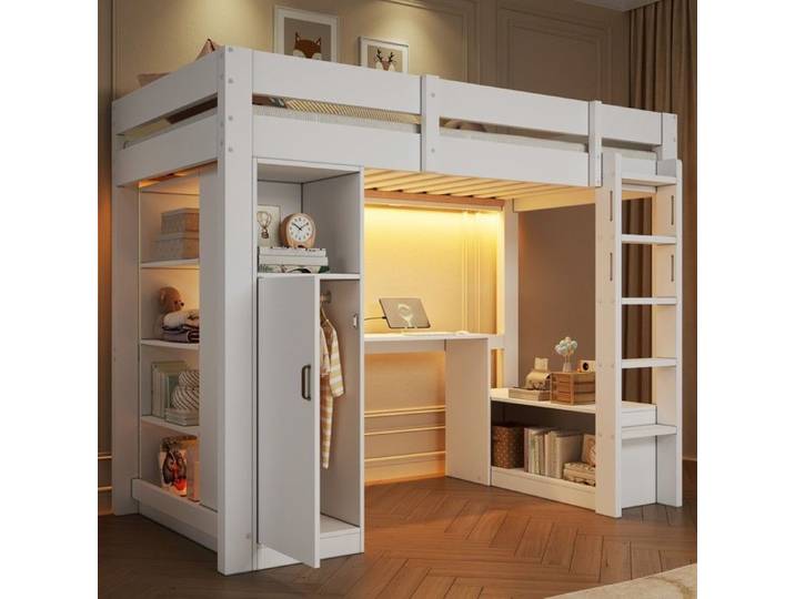 Lit mezzanine - PAGE LIVING - PAGE Living - 90x200 cm - Bureau intégré & penderie - LED Bluetooth