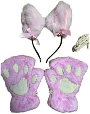 Uplifted Goods Adorable Cat Paw Gloves And Ear Headwear Set For Cute Winter Style pink 2pcs Set