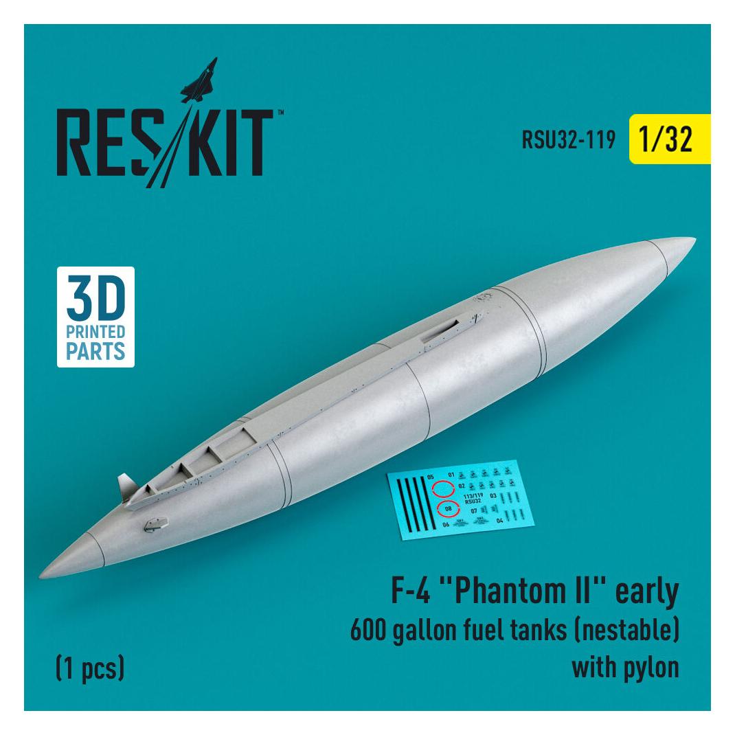 ResKit F-4 Phantom II early 600 gallon fuel tanks (nestable) with pylon (1 pcs) (3D Printed) (RSU32-0119)