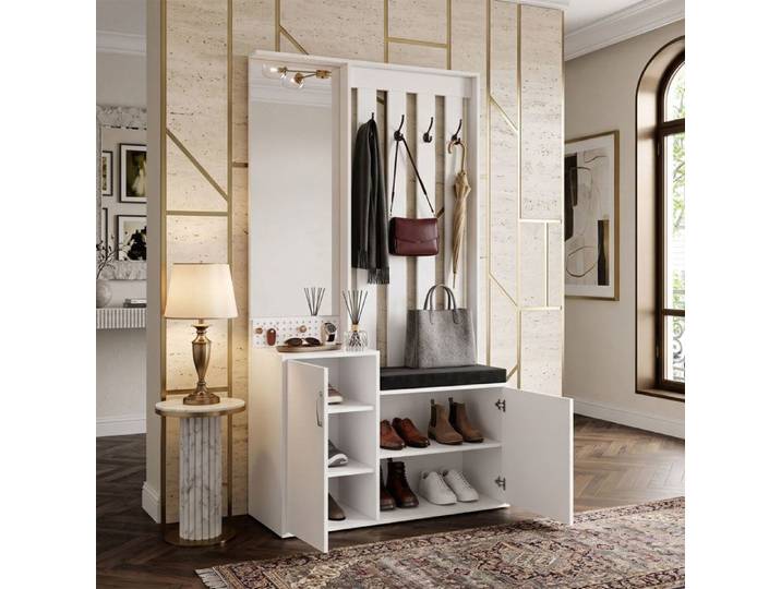 Meuble d'Entrée Vestiaire 180x100x40cm Miroir Grand Rangement Meuble Chaussures avec Banquette Assise Miroir - Blanc