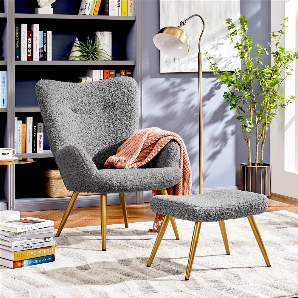 Yaheetech Boucle Accent Chair, Upholstered Armchair with Footstool Grey 97.5cm H X 67.5cm W X 70cm D