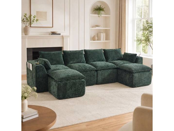 VUENOR Canape modulable 4 places 322 x 161 x 75 cm chenille vert fonce - 2 poufs inclus