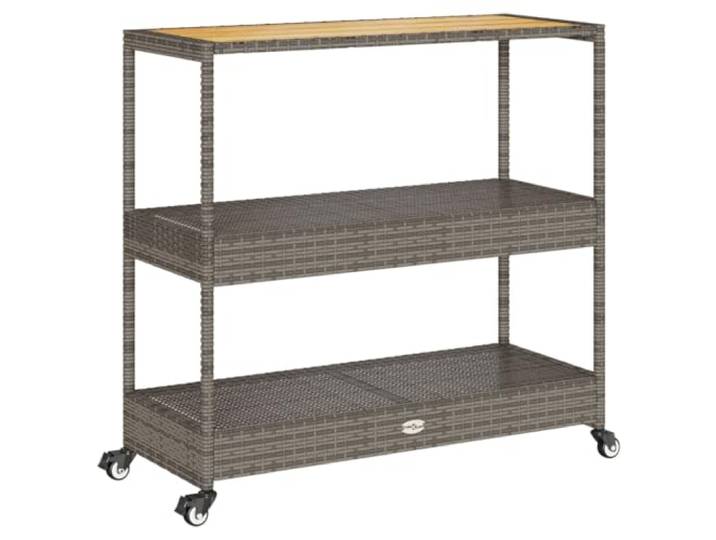 Foknhdi Barwagen Grau 3 Etagen Poly Rattan Massivholz Akazie Servierwagen Vielseitiger Rollwagen mit 3 Ablagen und Akazienholz-Top für Garten, Terrasse, Küche oder Poolbereich.