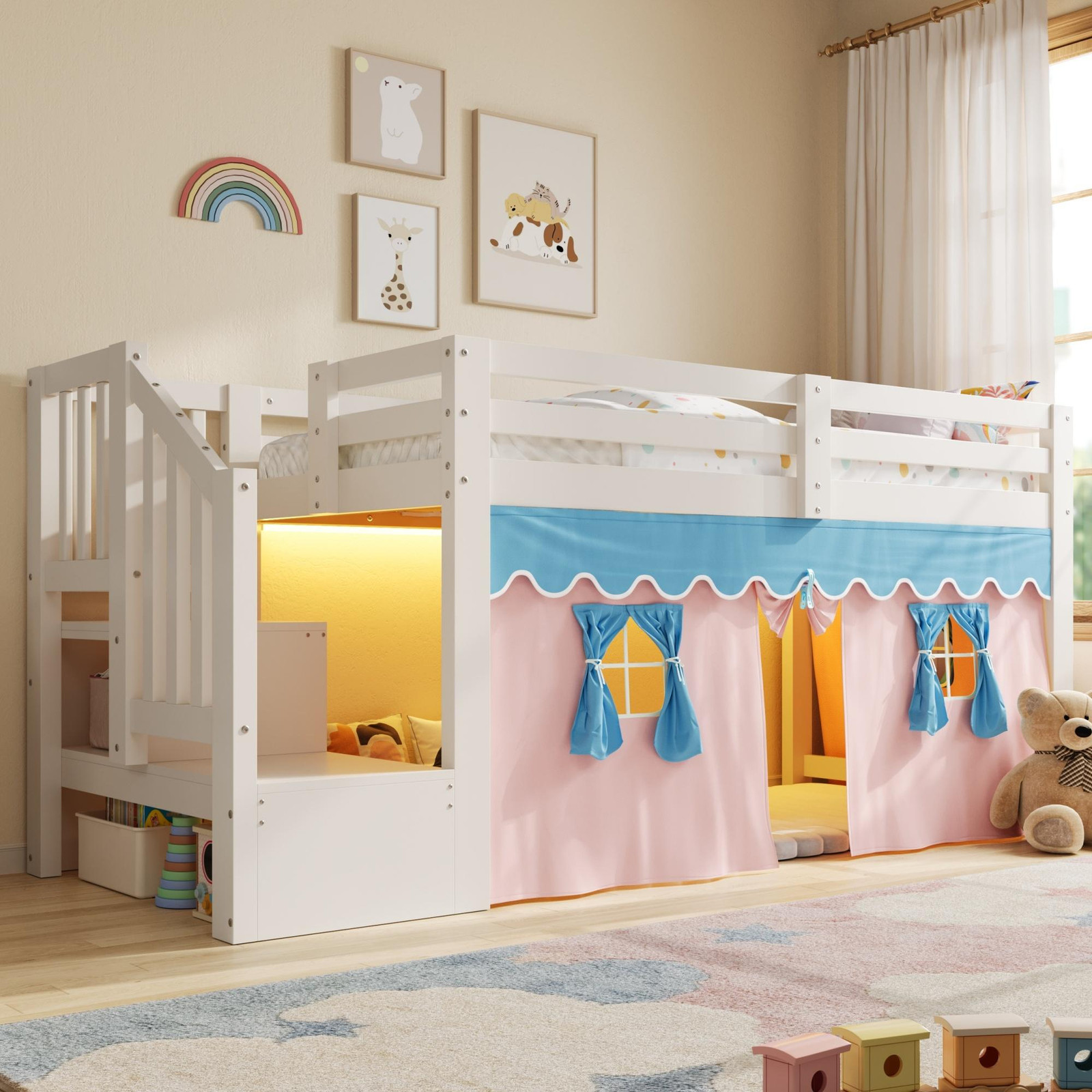 MODFU Halfhoog kinderbed van grenenhout met verduisteringsgordijnen, LED-lichtbalk en leerschoolkastje, wit, 90 x 200 cm