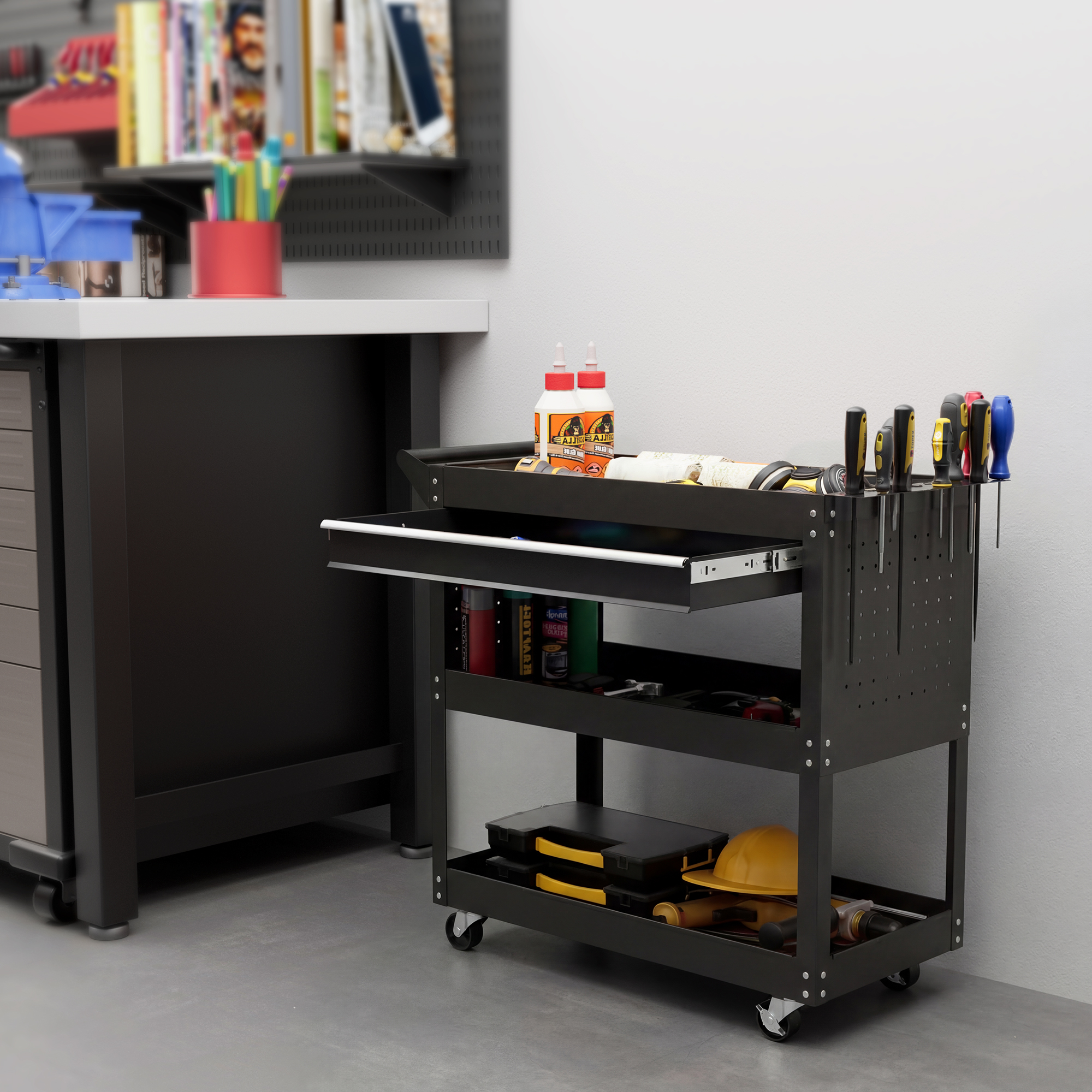 Durhand Carrello 3 Livelli in Acciaio con Cassetto, Porta Utensili Laterale e Maniglia, Nero   Aosom Italy