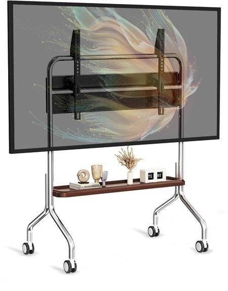 Mobiler TV-Ständer - Drehbarer TV-Wagen - Flexible TV-Positionierung - Mit Ablagefläche - Für Bildschirme bis 75 Zoll - Schwarz, Holz