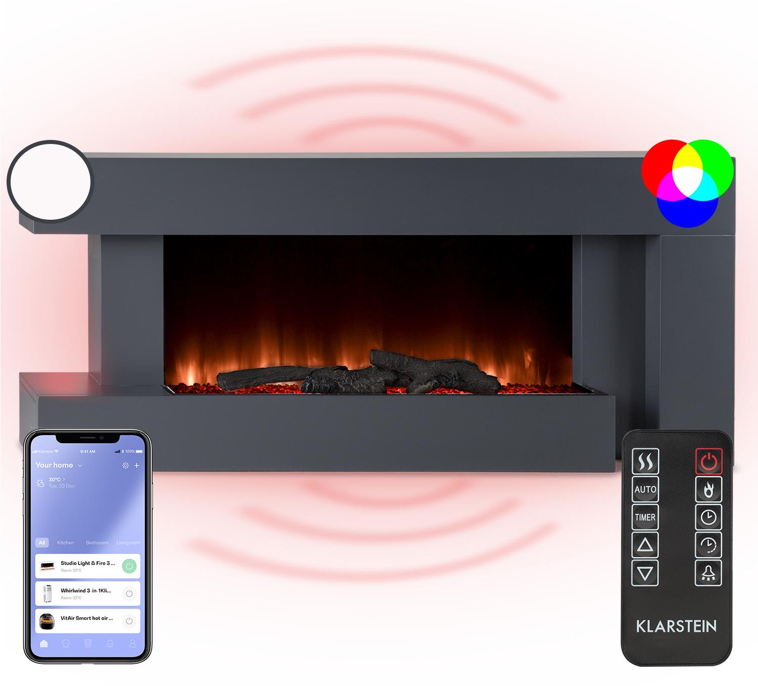 Klarstein Deko Kamin mit LED-Flammen, Elektro Kamin mit Heizung, 2000W Elektrischer Kamin, Sparsamer Kamin Elektrisch, Wandkamin mit Fernbedienung & Timer, Elektrische Kamine mit MDF-Gehäuse