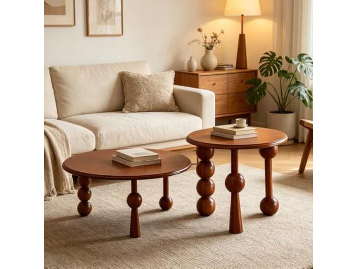 Runder Couchtisch aus massivem Kautschukholz, moderner französischer Retro Couchtisch umweltfreundliches Massivholz, stabile Zapfenverbindung, sichere abgerundete Kanten(Cherry)