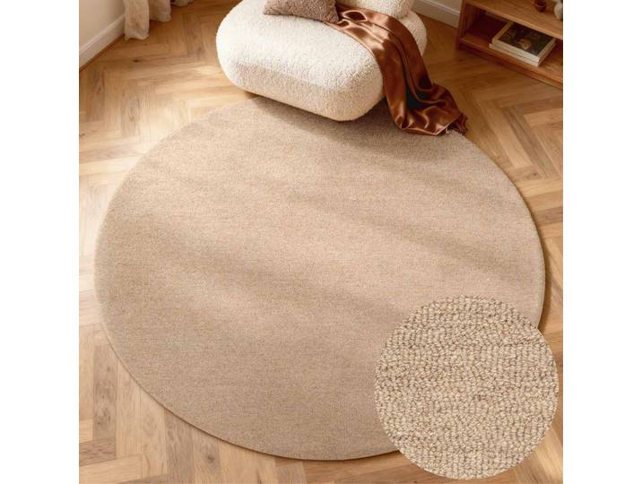 Wollteppich ELLE DECORATION Knots , beige, H:13mm Ø:160cm, Wolle, Teppiche, Wollteppich, Handtuft, Wolle, Rund, Feines Bouclé, Wohnzimmer, Schlafzimmer, Natur