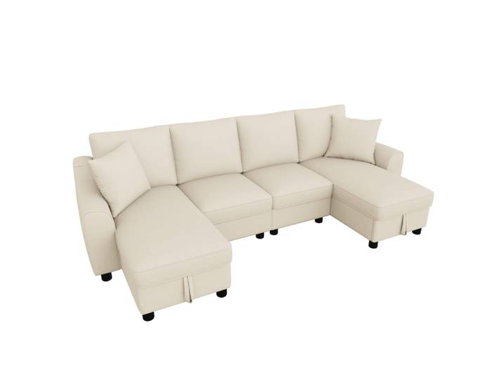 Canapé en u en chenille beige avec rangement