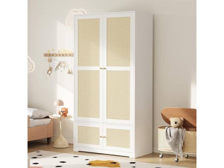 Rattankleiderschrank, 2-Türig, MDF, Weiß Lack, 90x48x180 cm Kleiderschrank Kinderzimmer mit Kleiderstange, Stauböden, Atmungsaktiven Rattantüren, Schlafzimmer