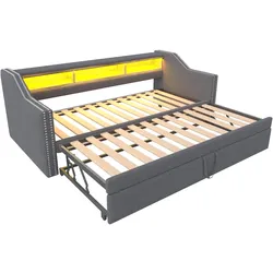 MODFU Schlafsofa Leinenstoff Dunkelgrau 90/180x190 cm, ausziehbar, mit Lattenrost, USB, LED und 2 Federkernmatratzen