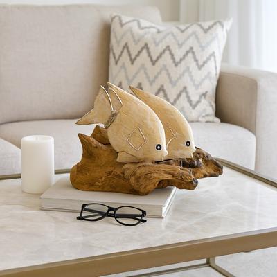 Sagebrook Home "Wooden Swimming Fish on Branch Figurine - White/Brown - 11.75"" x 7"" x 8"""