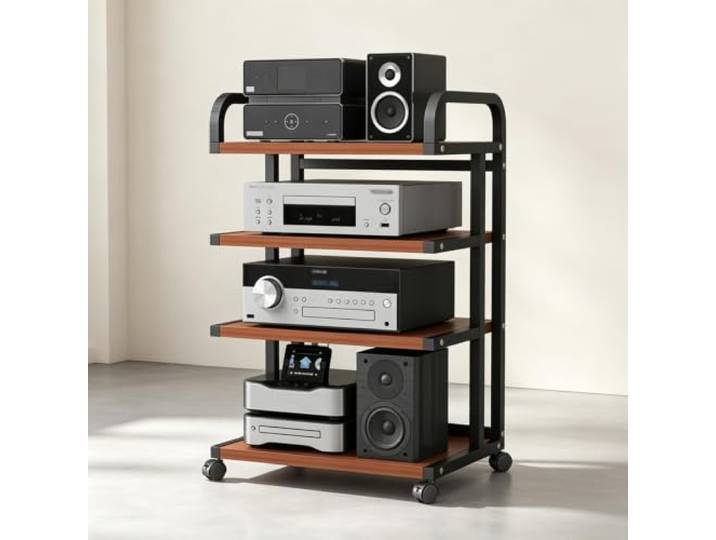 YHTCSXMD Mobiles HiFi Rack mit Rollen, 3/4/5 Ebenen Stahlrahmen 2,5 cm Holzoptik-Ablagen, Audio Rack mit Bremsen für Wohnzimmer, Büro und Geschäft