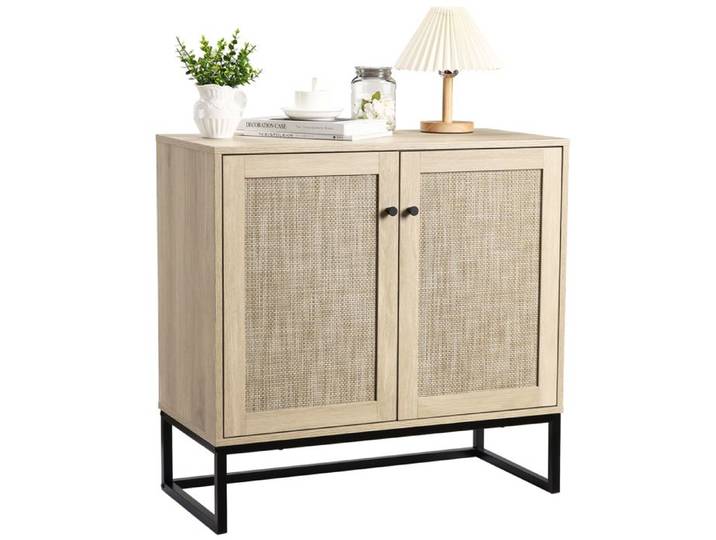 JoyGarden Buffet modernes en rotin – Rangement avec portes et étagère réglable – Console pour entrée – Style boho