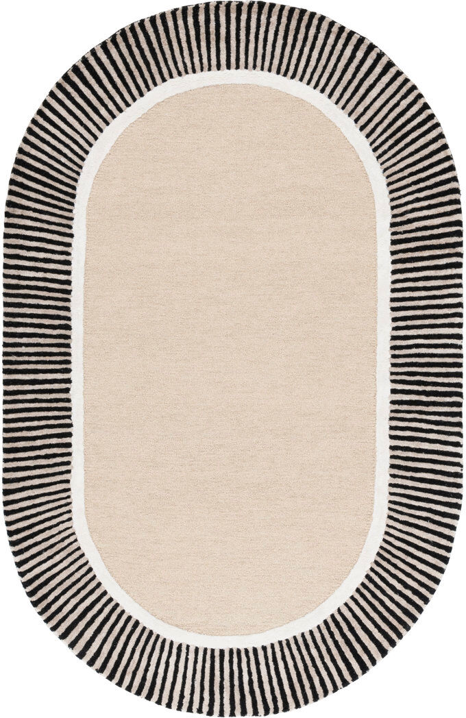 Ebern Designs Oval Striped Wool Hand Tufted Area Rug Beige / Black Oval 91 x 152cm