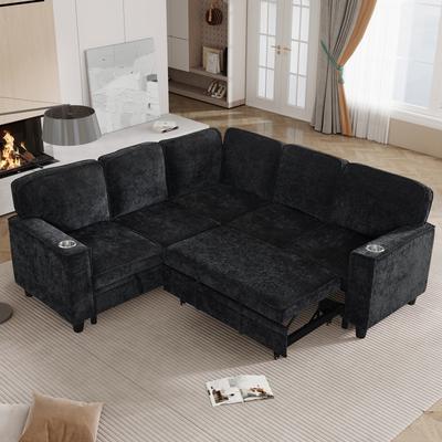 Loedds 81-Inch L-Shaped Chenille Sleeper Sofa with Storage USB Type-C and Cup Holders