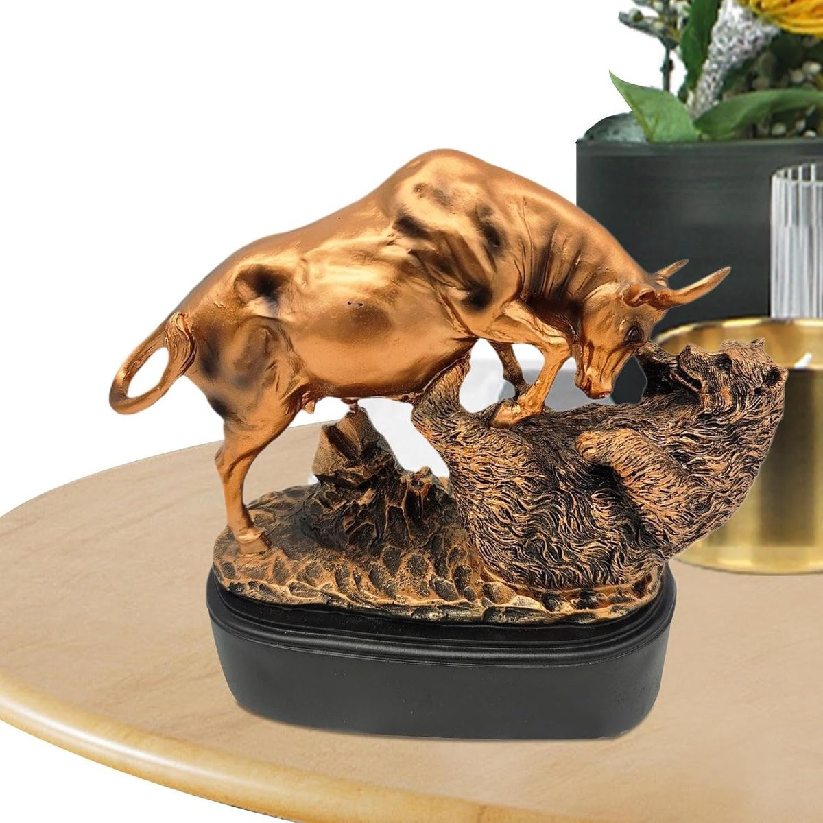 Goudkleurig Beeldje Stier Beer voor Kantoor Decoratie, Breedte: 27 cm