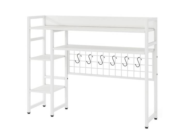 GOPLUS Étagère de Bureau pour Ordinateur avec Panneau en Treillis Métallique 6 Crochets 4 Tablettes Ouverte 95x25x73cm Blanc