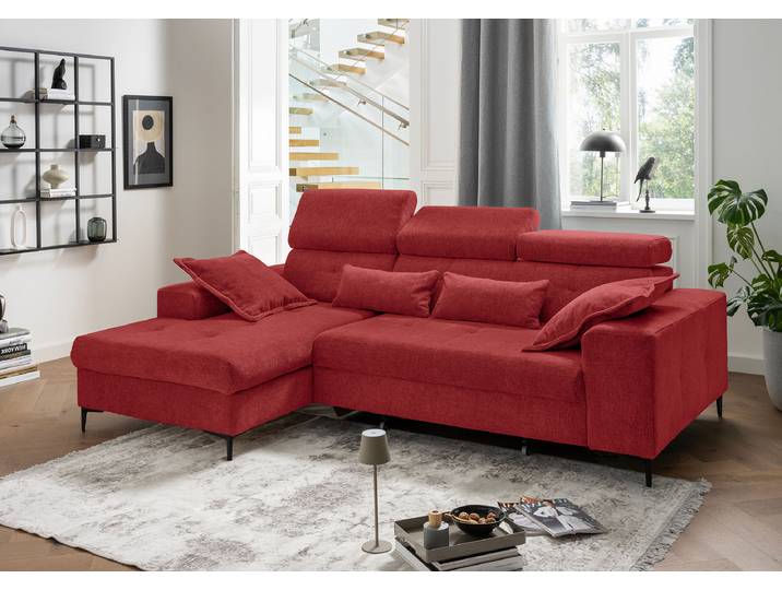 Ecksofa mit Schlaffunktion Rot Webstoff Jimin 270 x 110 x 186cm Longchair davorstehend links mit Schlaffunktion