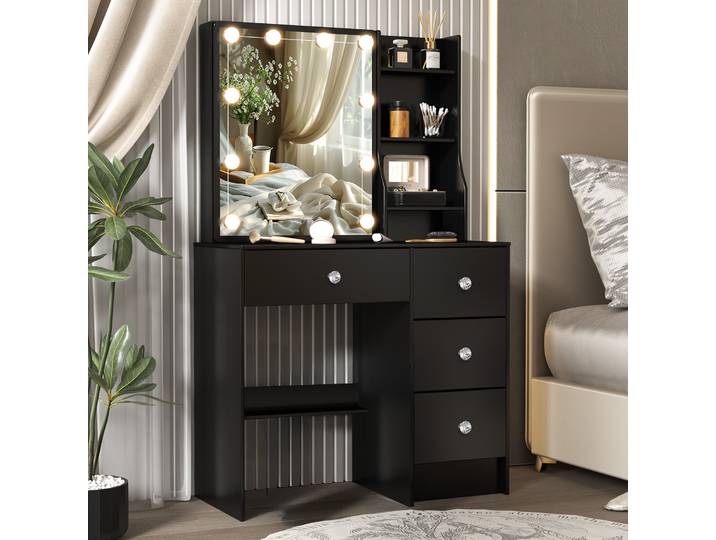 Coiffeuse avec miroir de maquillage LED, ensemble de maquillage, bureau de toilette avec 4 tiroirs éclairés