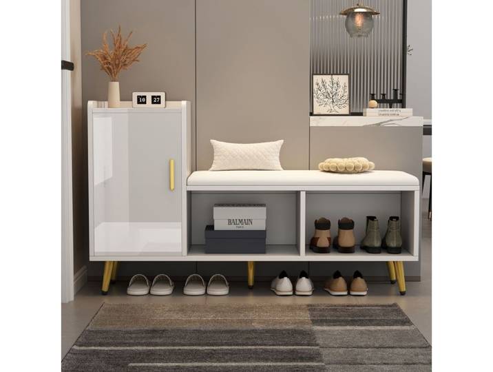 ROVRYN Meuble à chaussures avec banc rembourré 120 cm blanc brillant et détails dorés