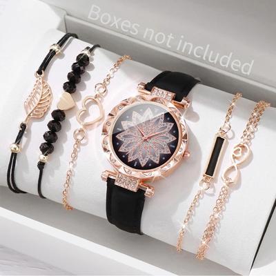 Uplift Essentials 6 Piece Fashion Heart Dial Watch Set Elegant Leather Band & Leaf Bracelet Collection black B